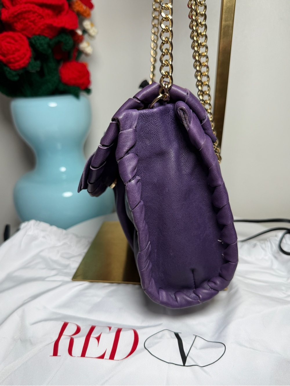 RED Valentino Purple Leather Bow Shoulder Bag with Gold Chain - Picture 4 of 9